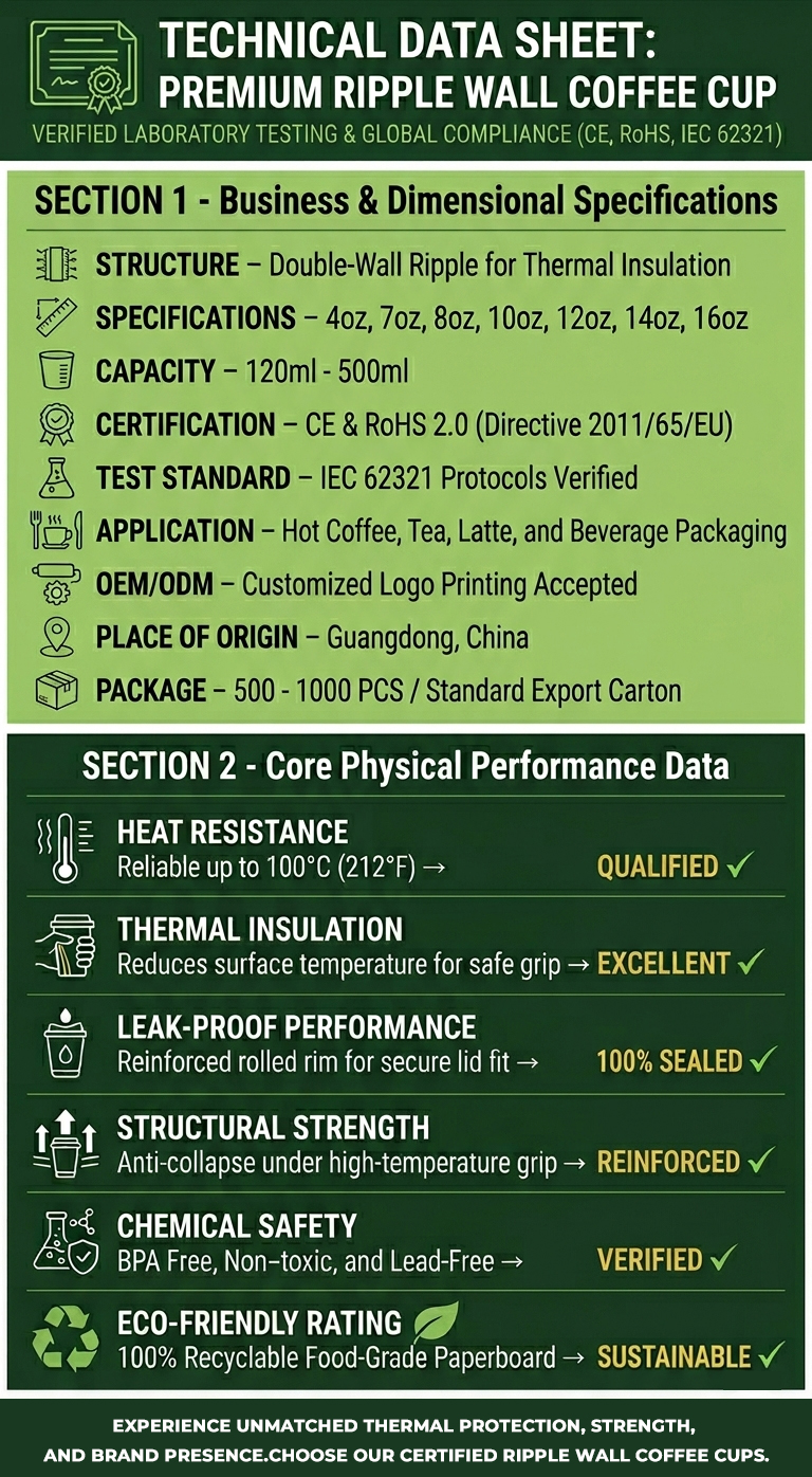 Technical Specifications for RoHS and CE Certified Ripple Wall Coffee Cups 4oz-16oz