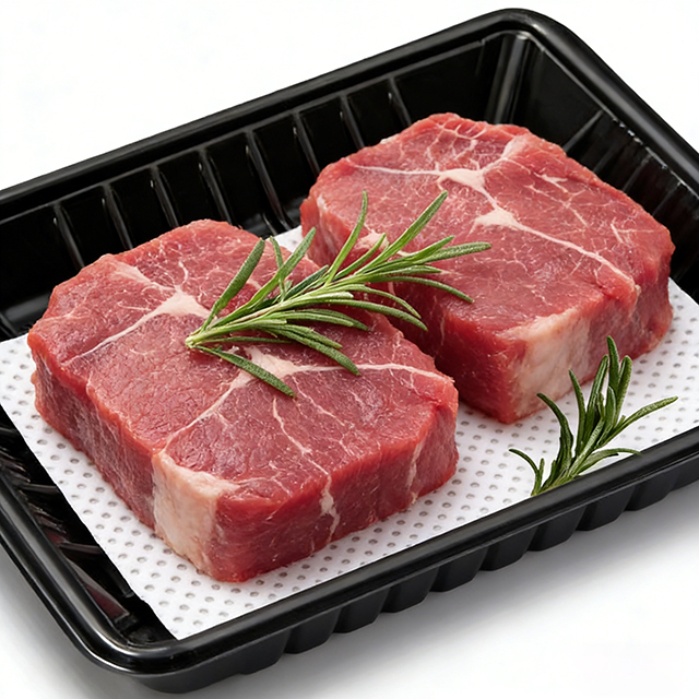 Super absorbent meat pad in black plastic tray with fresh beef steaks for supermarket retail packaging wholesale