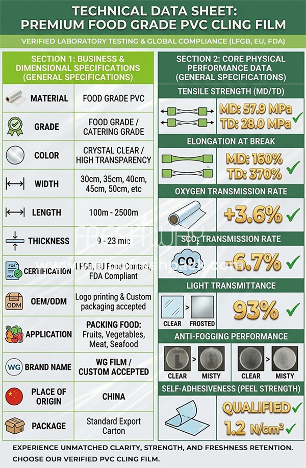 Technical data sheet of food grade PVC cling film with LFGB EU FDA compliance