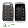 Comparison of black PP tray with glossy sealing film vs original matte finish without film