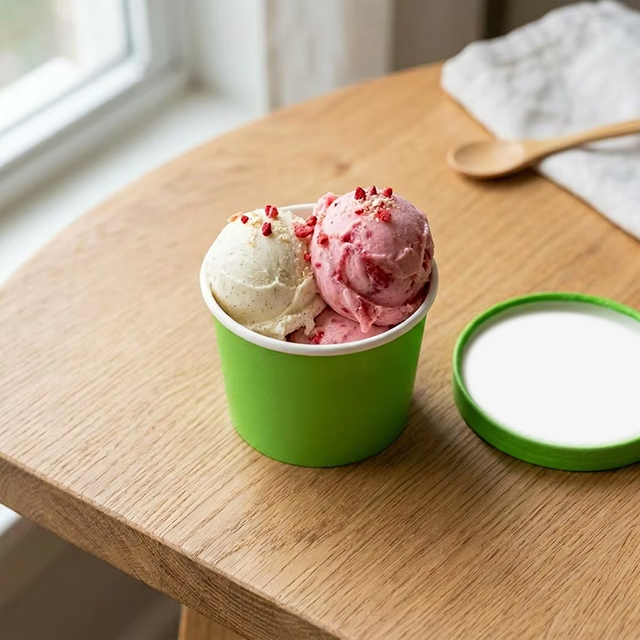 Green paper ice cream cup with vanilla and strawberry gelato scoops and matching lid on wooden table