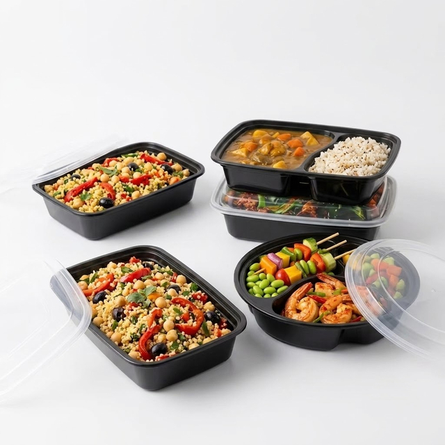 Wholesale black 1, 2, 3 compartment PP meal prep containers with lids, food grade plastic bento boxes for commercial catering