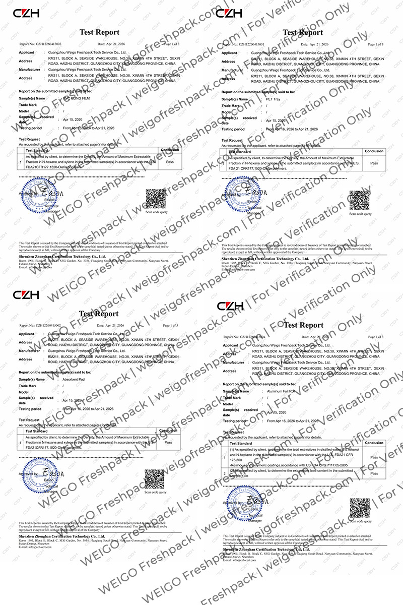 WEIGO Freshpack FDA 21CFR 177.1520 compliance test reports — PVC Cling Film, PET Tray, Absorbent Pad, Aluminum Foil, all Pass, issued by CZH April 2026