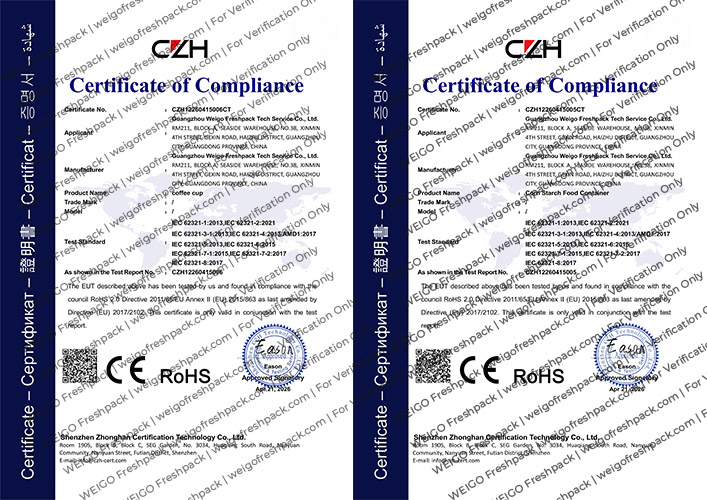 WEIGO Freshpack RoHS 2.0 CE compliance certificates — Coffee Cup and Corn Starch Food Container, certified by CZH April 2026