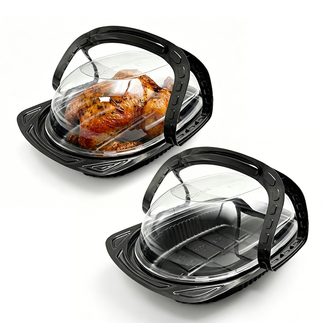 White base roasted chicken container with high clarity dome lid, food grade plastic chicken box for commercial deli takeout