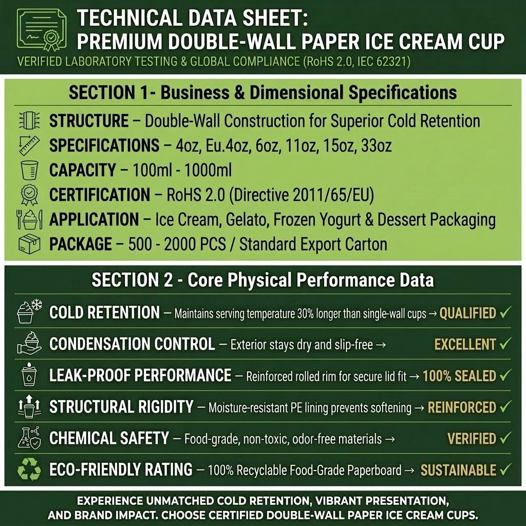 Technical data sheet for premium double-wall paper ice cream cups with size specifications cold retention performance and RoHS compliance certifications